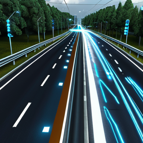 Home 17 Smart Roads**
"A futuristic highway with embedded sensors glowing subtly, electric cars wirelessly charging while driving, data streams visualized as light patterns on the road surface, daytime, safe for work, appropriate content, fully clothed, professional, perfect anatomy, correct proportions, natural pose, high quality."
**