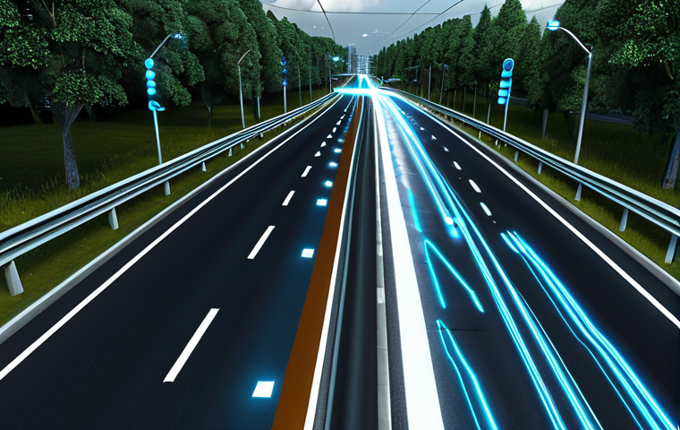 Smart Roads**
"A futuristic highway with embedded sensors glowing subtly, electric cars wirelessly charging while driving, data streams visualized as light patterns on the road surface, daytime, safe for work, appropriate content, fully clothed, professional, perfect anatomy, correct proportions, natural pose, high quality."
**