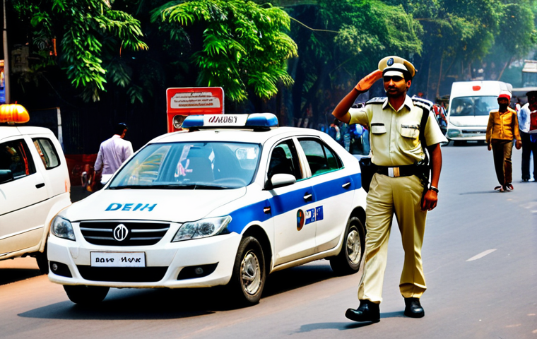 **
A traffic police officer in a professional uniform, fully clothed, directing traffic at a busy intersection in Delhi, India. Background shows vehicles and pedestrians. Safe for work, appropriate content, perfect anatomy, natural pose, professional.
**