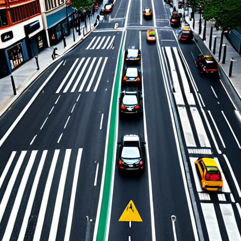 교통 공학 실무 사례 - **Prompt:** "An aerial view of a bustling city intersection during the day, showcasing smooth traffi...