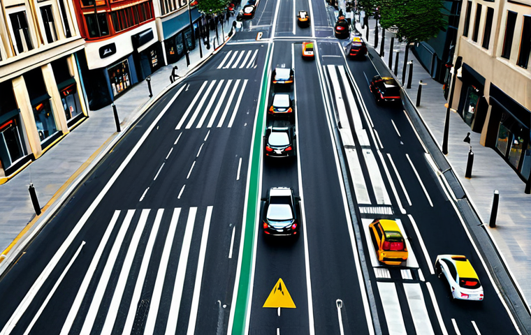 교통 공학 실무 사례 - **Prompt:** "An aerial view of a bustling city intersection during the day, showcasing smooth traffi...