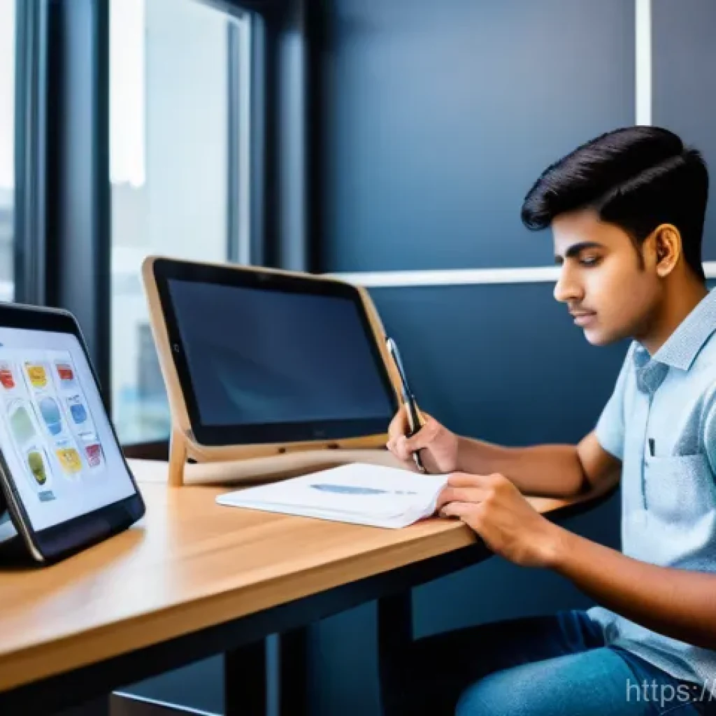 교통분야 실기시험 대비 전략 - **Prompt:** A young adult (18-25 years old, of Indian descent) is seated at a clean, modern desk, in...