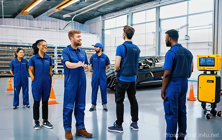 교통직 학습 커뮤니티 소개 - **Prompt:** A dynamic, wide-angle shot of a bustling, futuristic logistics hub. The scene features a...