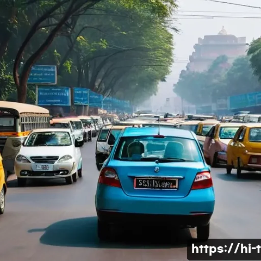 교통 관련 실습 경험기 - **Prompt:** A serene, well-maintained car interior perspective, looking out onto a bustling Delhi st...