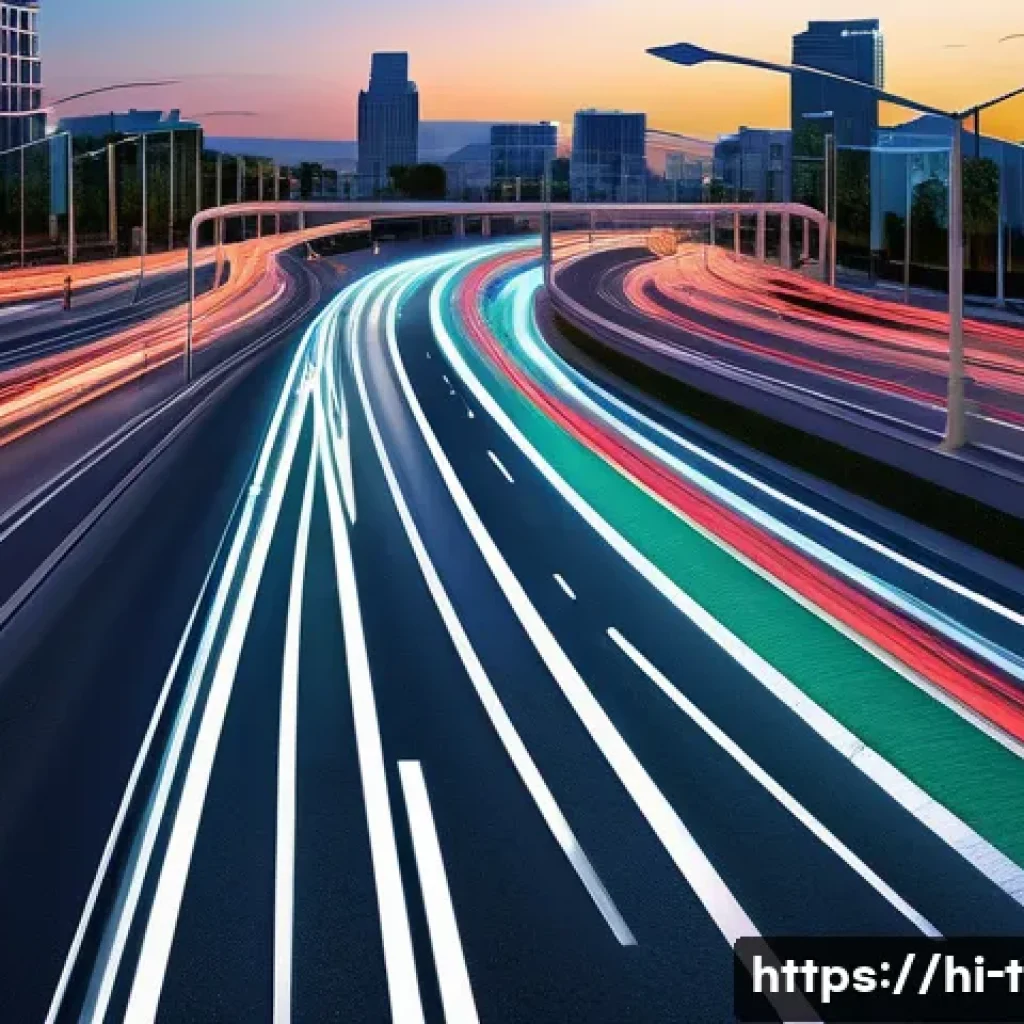 교통공학 자격증 중점 학습 - A detailed urban traffic engineering scene showcasing a multi-lane road with well-designed curves an...