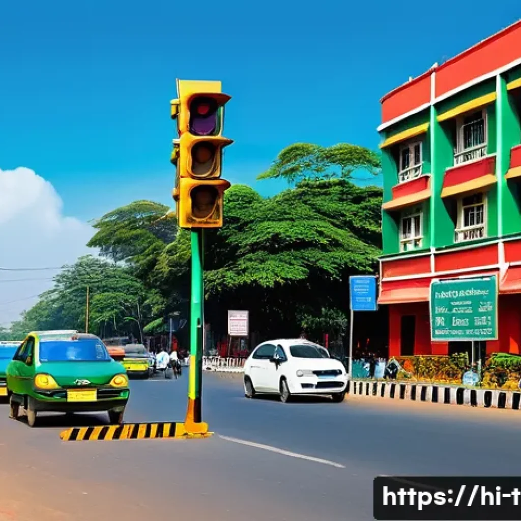 교통 자격증 필수 과목 정리 - A vibrant and detailed street scene in an Indian city showcasing clear traffic signals and road sign...