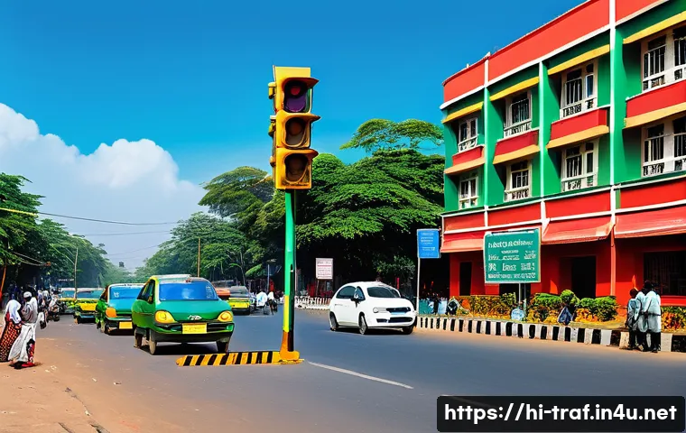 교통 자격증 필수 과목 정리 - A vibrant and detailed street scene in an Indian city showcasing clear traffic signals and road sign...