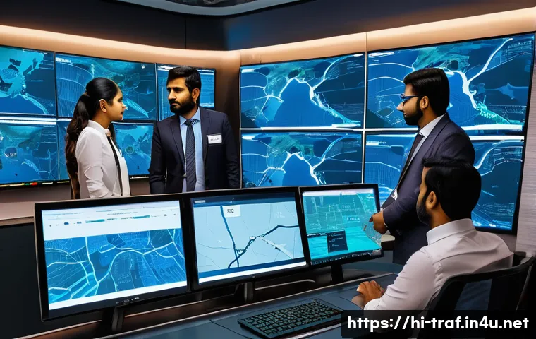 교통분야 직업 변화와 자격증 필요성 - A modern smart transport control room in India, featuring diverse professionals monitoring multiple ...