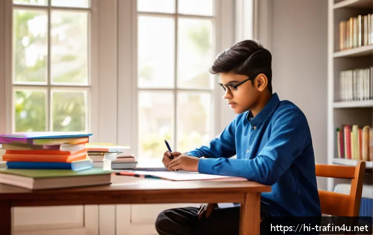 교통직 필기시험 단기 합격 사례 - A focused young Indian student sitting at a study desk in a bright morning room, surrounded by color...
