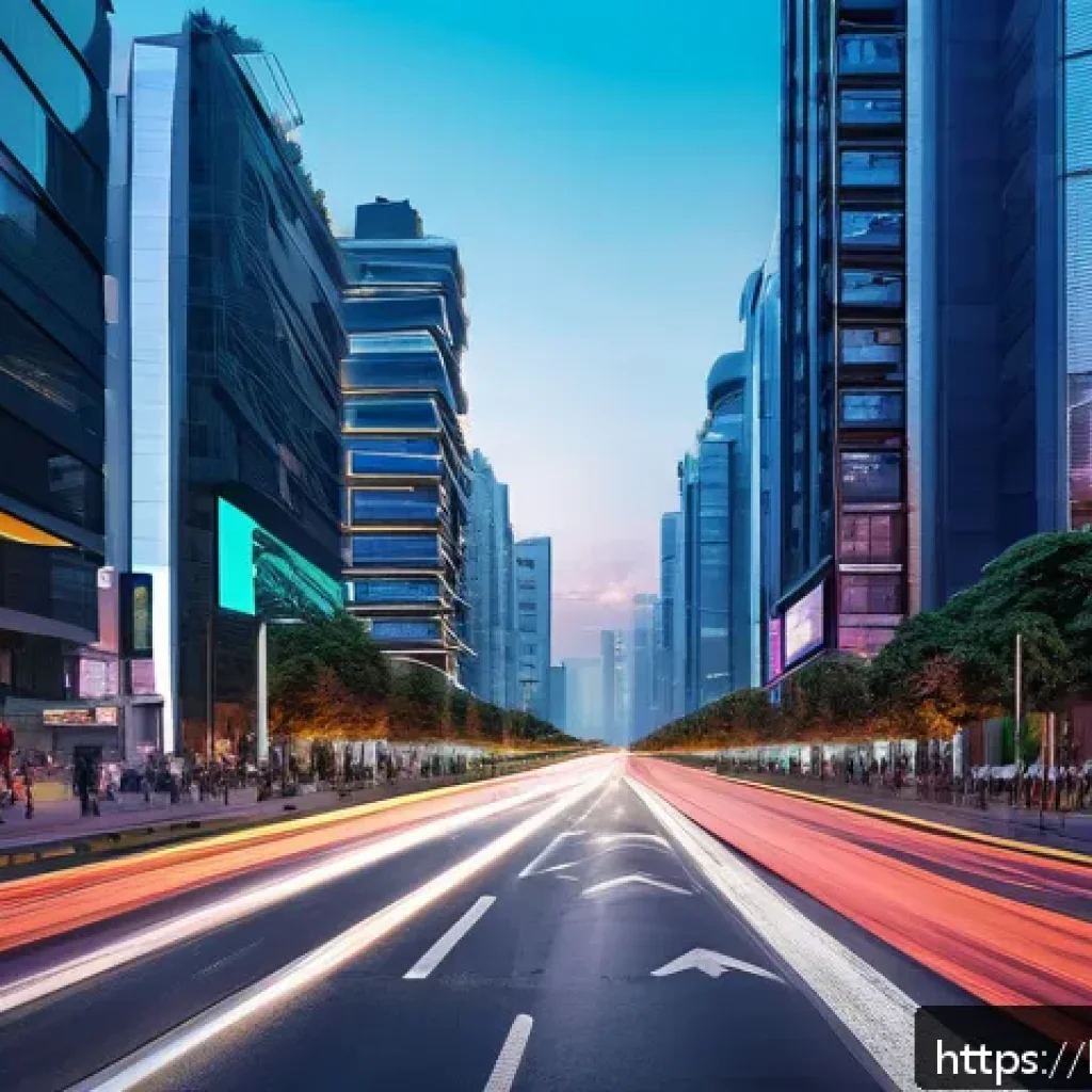 교통직 커리어의 성장과 전망 - A futuristic smart city intersection at dusk, showcasing an Intelligent Transport System (ITS) in ac...