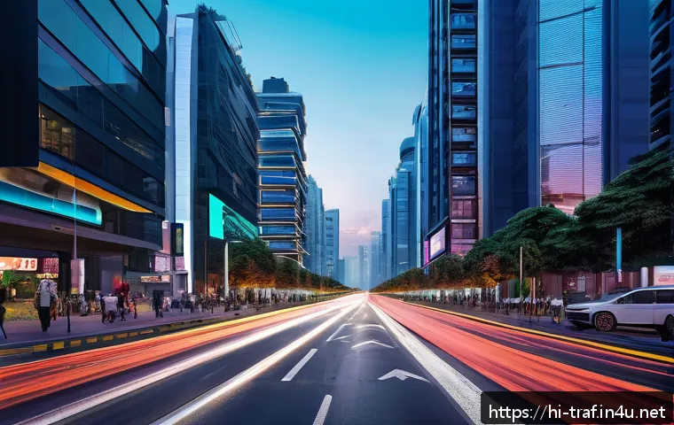 교통직 커리어의 성장과 전망 - A futuristic smart city intersection at dusk, showcasing an Intelligent Transport System (ITS) in ac...