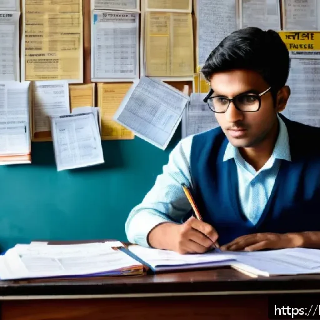 교통직 시험 난이도 평가 - A focused young Indian man studying traffic rules at a desk filled with textbooks and printed old qu...