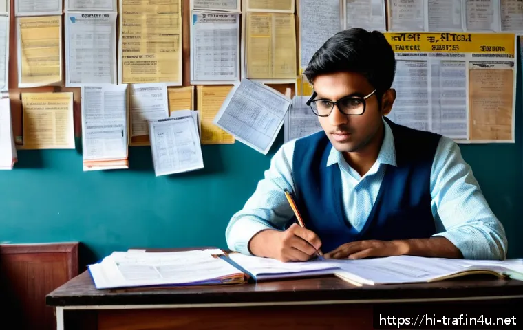 교통직 시험 난이도 평가 - A focused young Indian man studying traffic rules at a desk filled with textbooks and printed old qu...