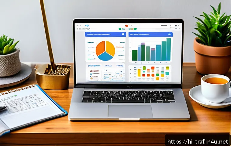 교통업계 필기시험 단기 합격 - A detailed digital marketing workspace featuring a laptop screen displaying Google Analytics dashboa...