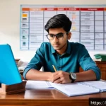 교통 자격증 필수 학습자료 - A focused Indian young adult studying for a driving license exam at a desk with books and notes, wea...