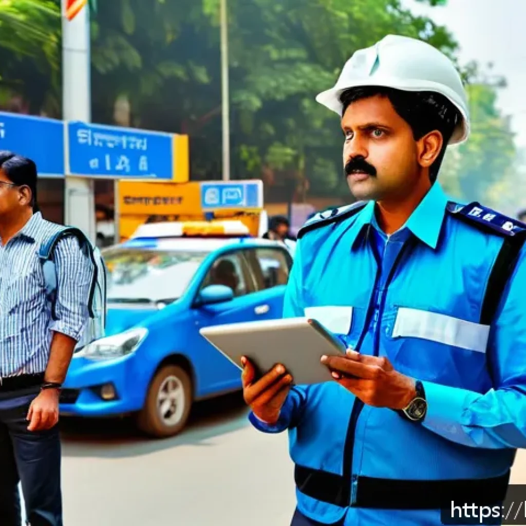 교통안전관리사의 미래 전망 - A detailed urban street scene in India during daytime featuring a traffic safety manager wearing a r...