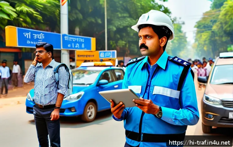 교통안전관리사의 미래 전망 - A detailed urban street scene in India during daytime featuring a traffic safety manager wearing a r...