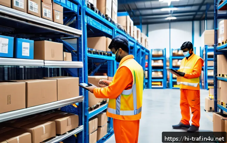 교통업계 실무자의 하루 - A modern Indian logistics warehouse scene featuring advanced automation technology: robotic arms pic...