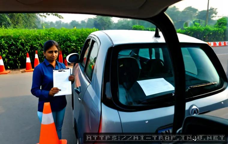 교통관련 자격증 실기시험 후기 - Photorealistic practical driving certification test in India, an adult Indian candidate wearing mode...