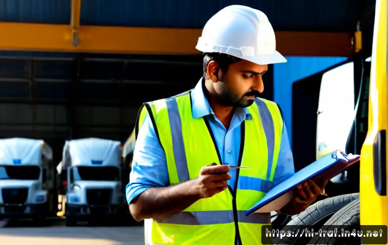 교통안전관리사 자격증 활용 사례 - Photorealistic Indian transport safety manager in a reflective safety vest and hard hat inspecting a...